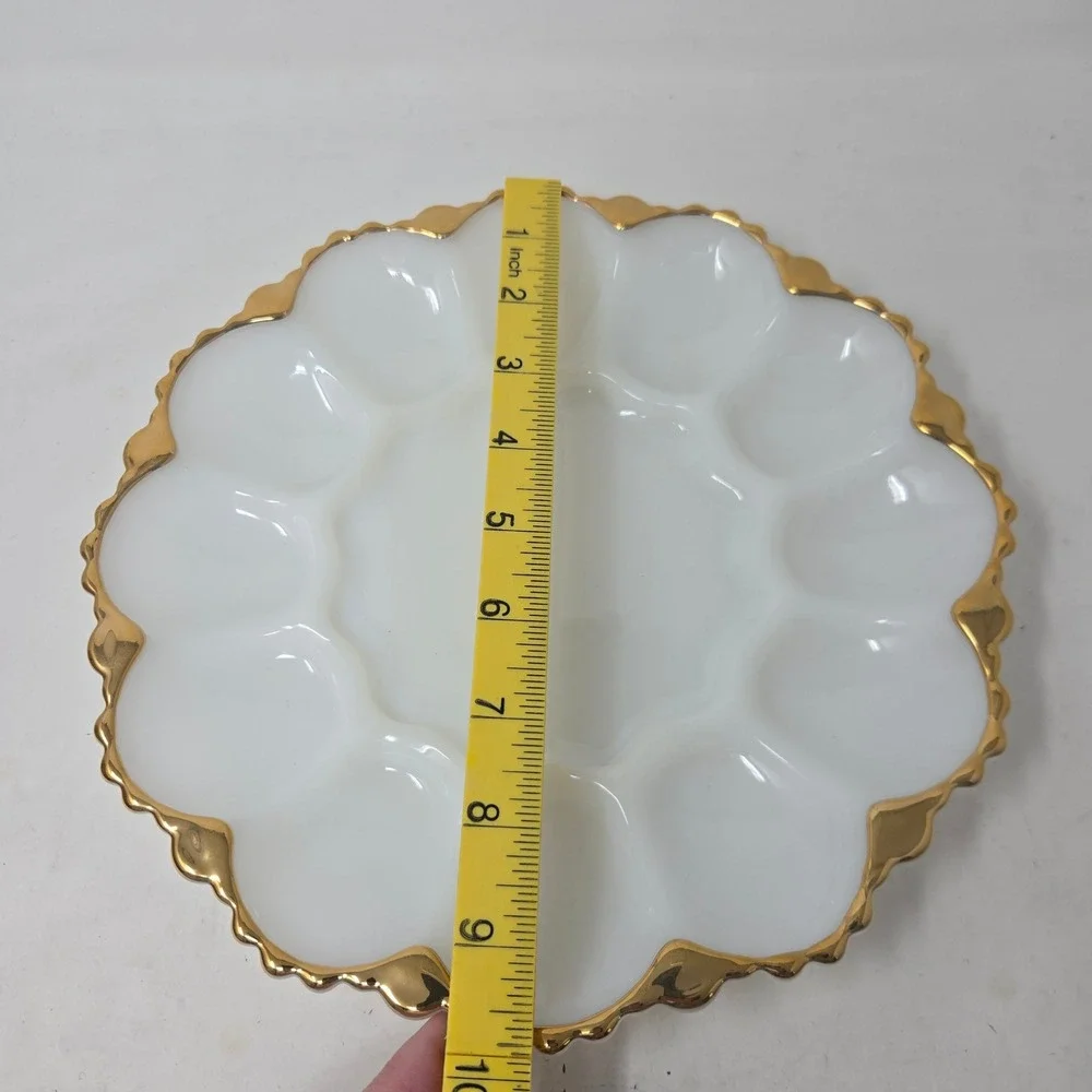 Fire-King Milk Glass Deviled Egg Plate Gold Trim Scalloped Serving‎ Platter 10